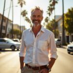 A confident man in his late 50s, light olive skin, short salt-and-pepper hair, clean-shaven, wearing a casual button-down shirt and slacks. Standing in a sunny urban area in Los Angeles with palm trees in the distance. He’s smiling naturally, expressing pride in his healthier smile. Bright daylight, photorealistic, candid lifestyle image.